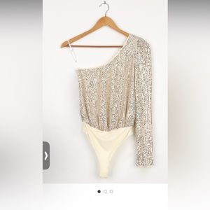 Lulus Dancing Diva Cream and Silver Sequin One-Shoulder Bodysuit